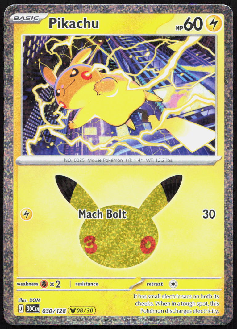 Pikachu 030/128 Holo Pikachu Rare ME: 30th Celebration Pokemon