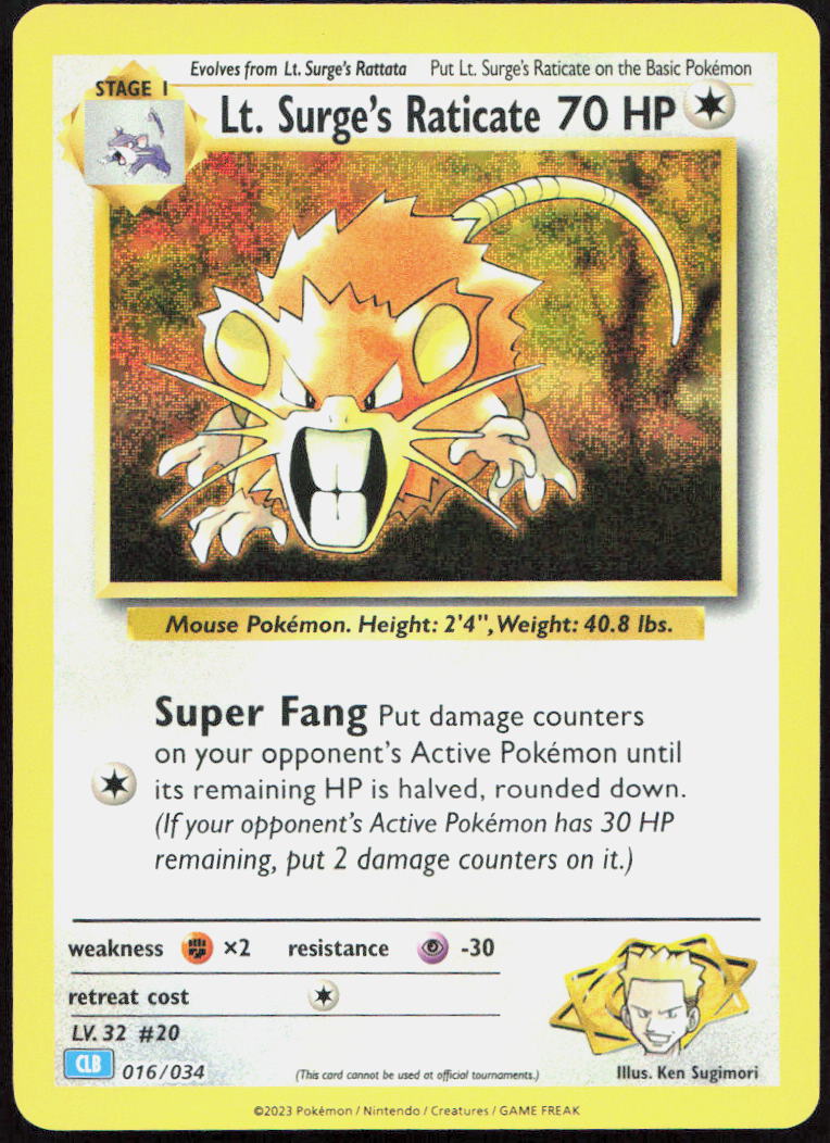 Lt. Surge's Raticate 016/034 Holo Trading Card Game Classic Pokemon Holo