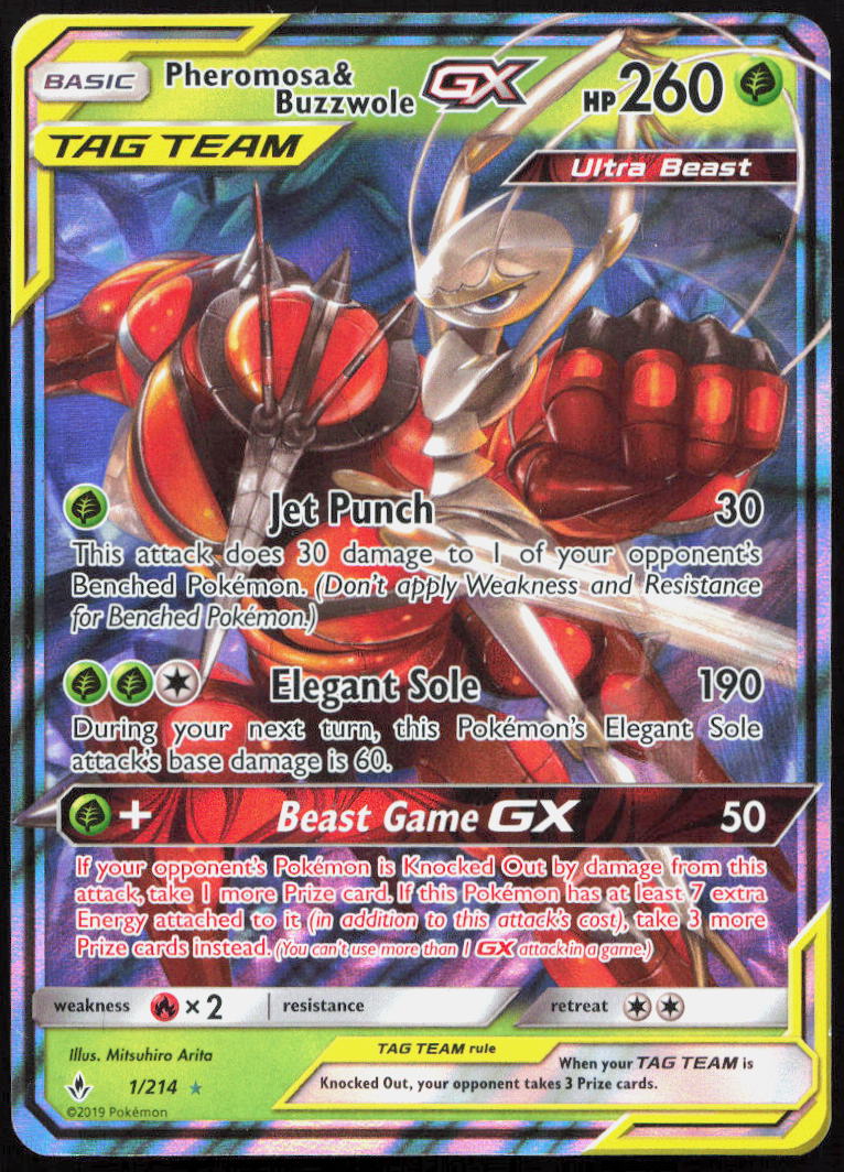 Pheromosa & Buzzwole GX 1/214 Holo GX Rare Unbroken Bonds Pokemon
