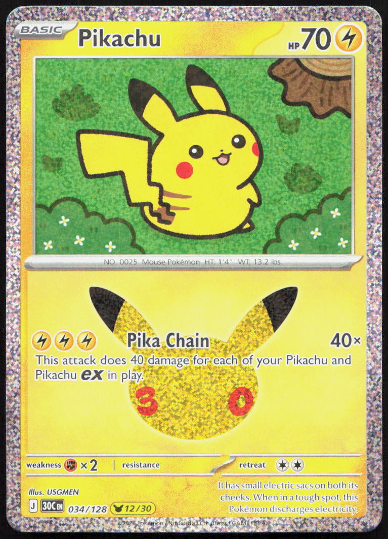 Pikachu 034/128 Holo Pikachu Rare ME: 30th Celebration Pokemon