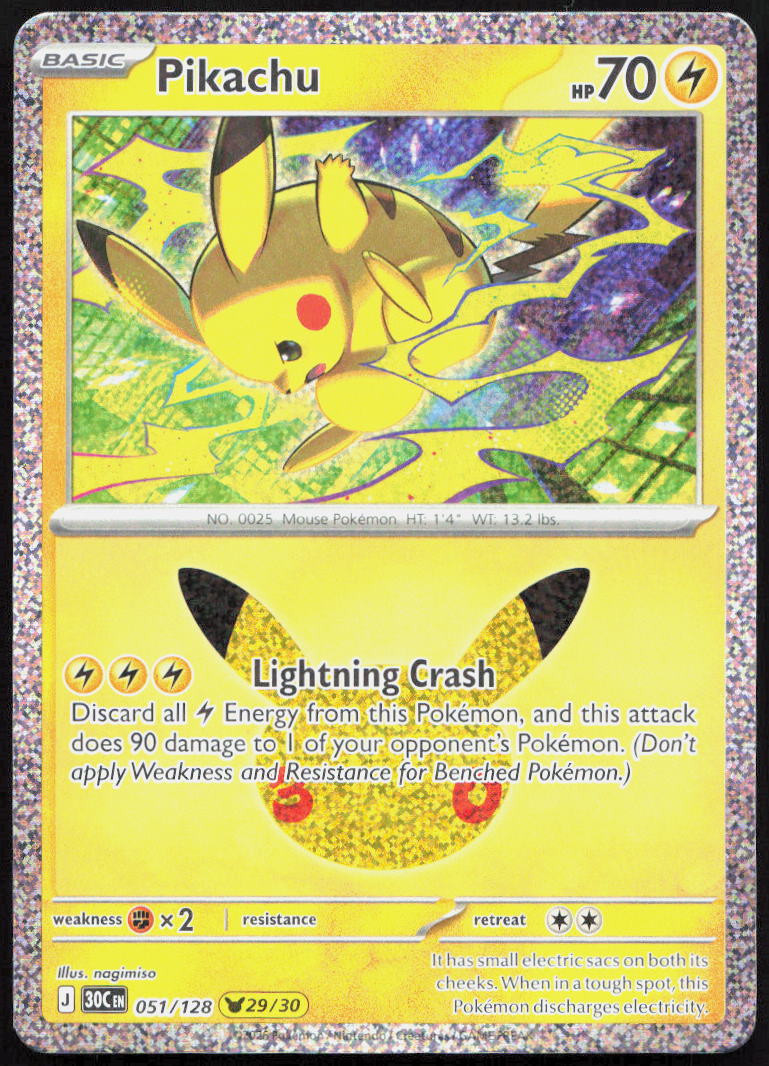 Pikachu 051/128 Holo Pikachu Rare ME: 30th Celebration Pokemon